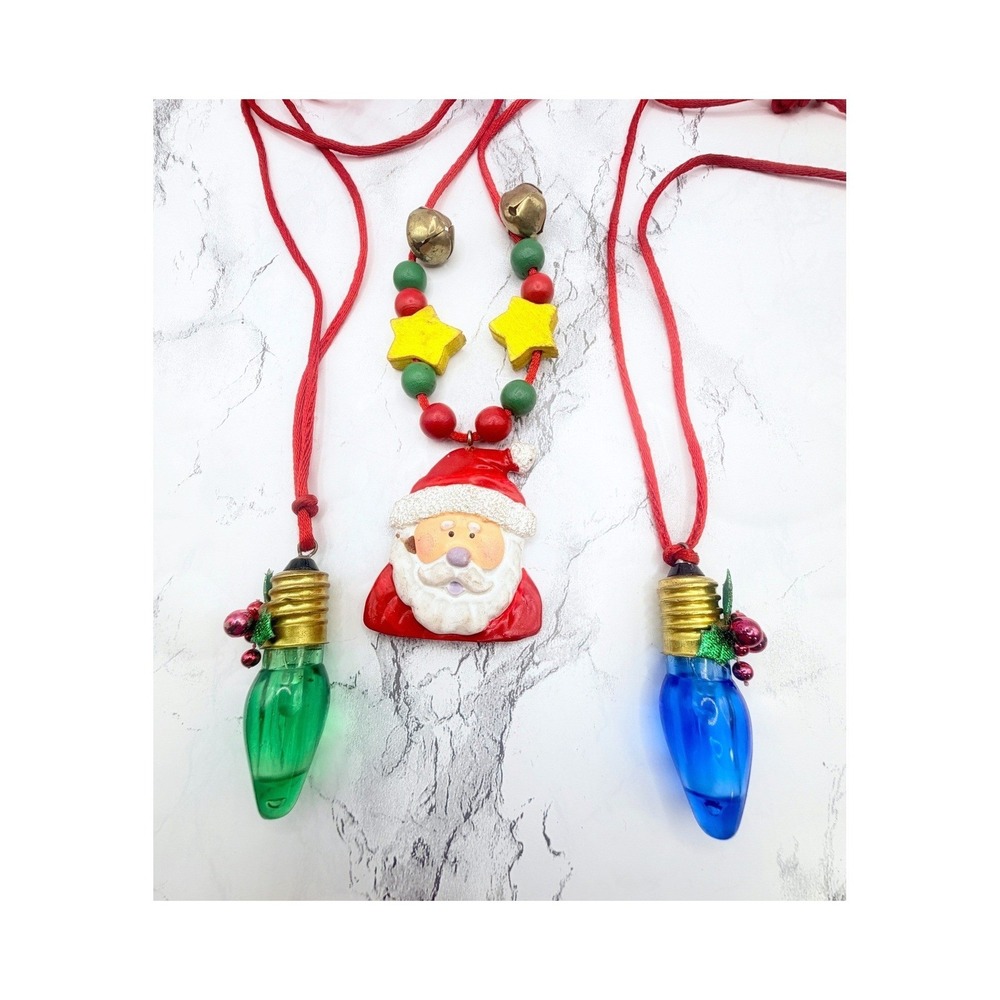Lot of 3 Ugly Christmas Necklaces Santa Jingle Bells Light Bulb Pendants